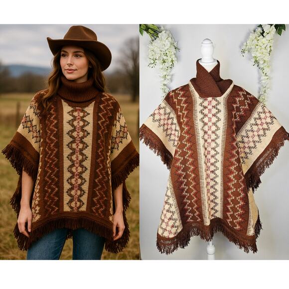 reyes artesanias Jackets & Blazers - Reyes OS Mexican Jorongo Sarape Poncho Fringe Boho Charro Western Fall Unisex